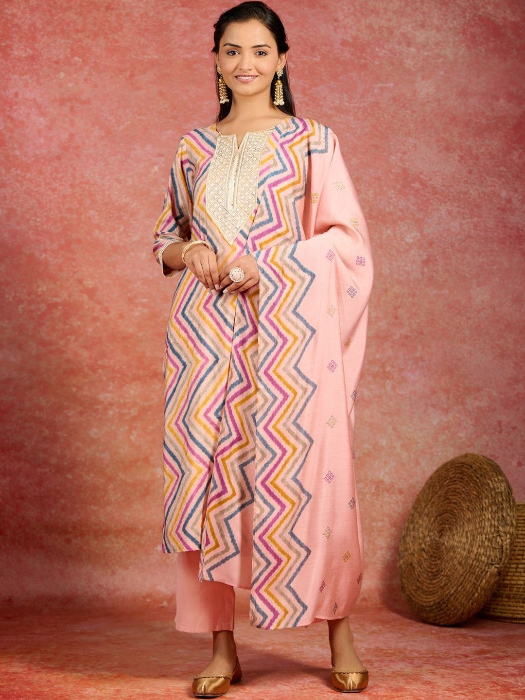 Women Printed Regular Thread Work Kurta with Trousers & With Dupatta