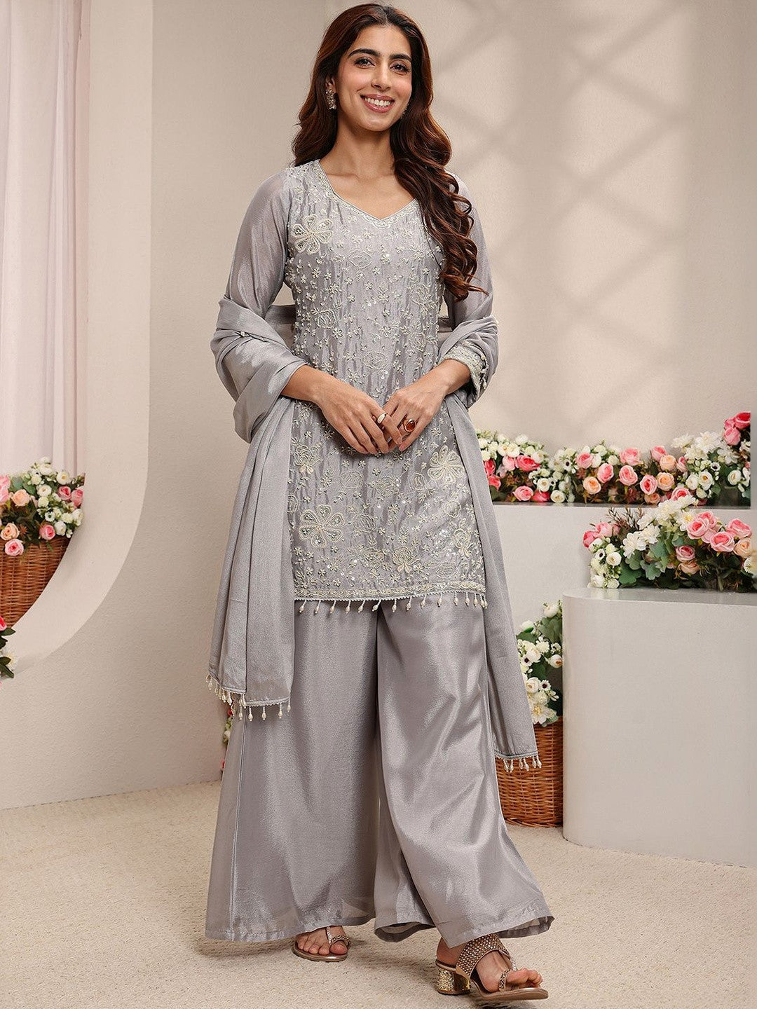 Grey Embellished Chinon Straight Suit Set with Dupatta
