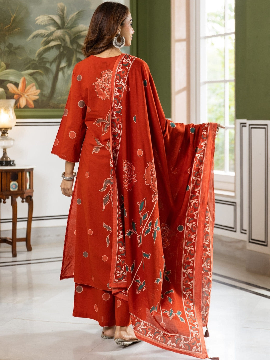 Printed Pure Cotton Straight Kurta With Palazzo & Dupatta