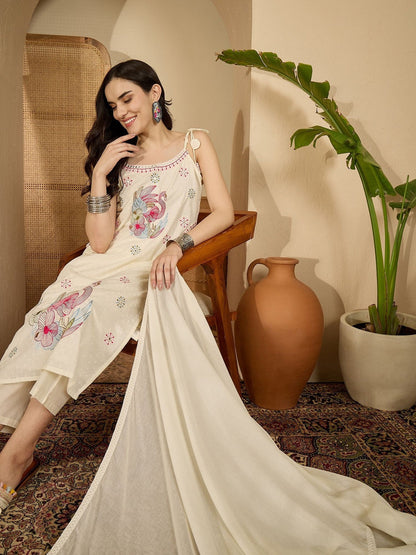 Women Ethnic Motifs Embroidered Regular Thread Work Pure Cotton Kurta with Trousers & With Dupatta