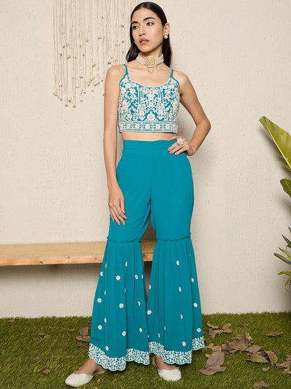 Dhiyona AN Sea Green & White Floral Embroidered Shoulder Straps Top with Sharara & Dupatta