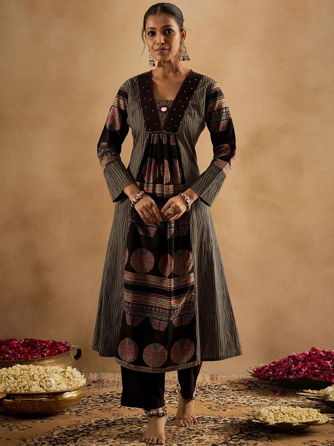 Geometric Printed Panelled Sequinned Pure Cotton A-Line Kurta With Trousers