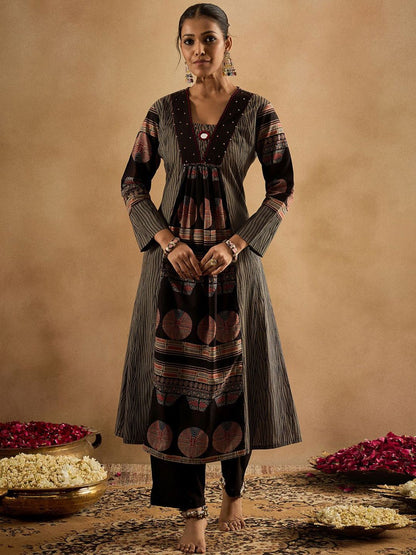 Geometric Printed Panelled Sequinned Pure Cotton A-Line Kurta With Trousers