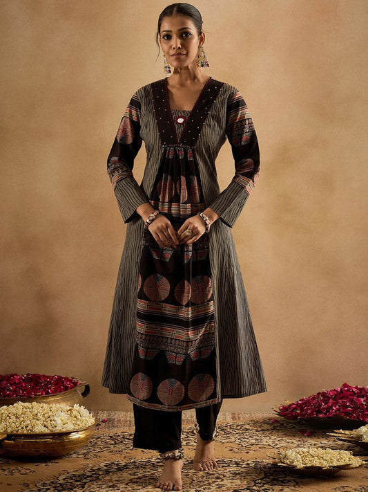 Geometric Printed Panelled Sequinned Pure Cotton A-Line Kurta With Trousers