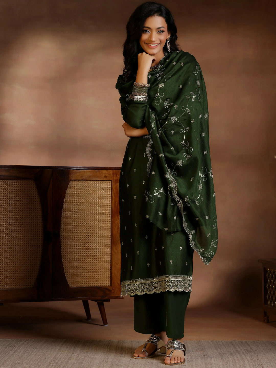 Women's LB Green Embroidered Silk Blend Straight Suits With Dupatta