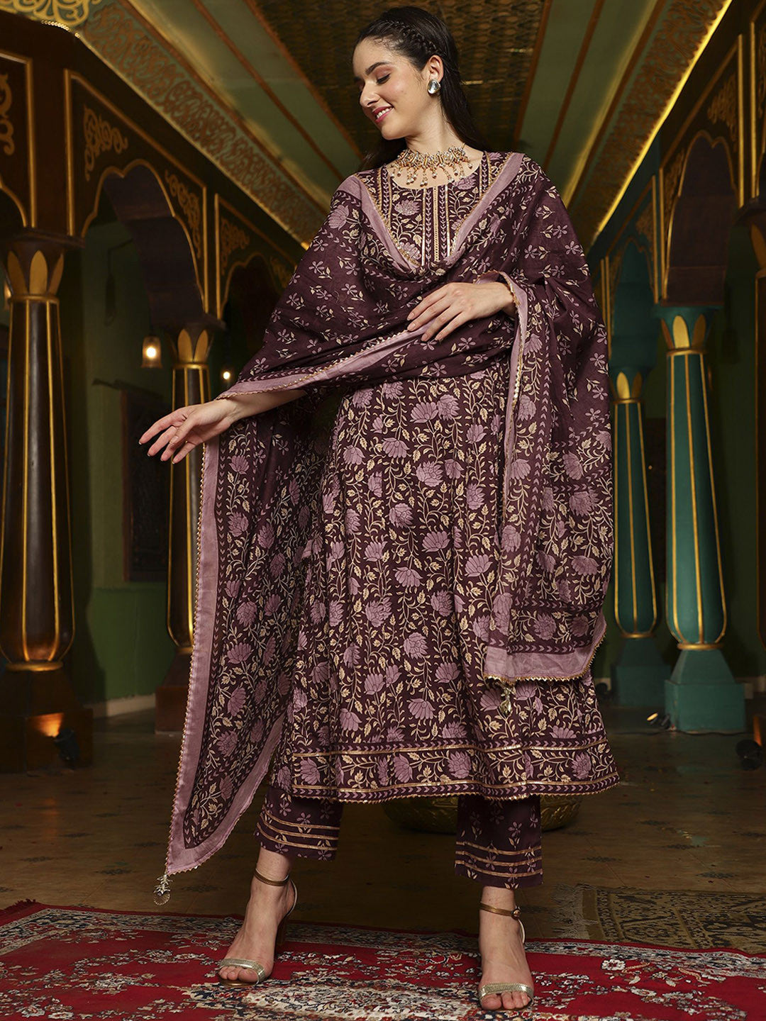 Floral Floral Printed Pure Cotton Anarkali Kurta With Trousers And Dupatta