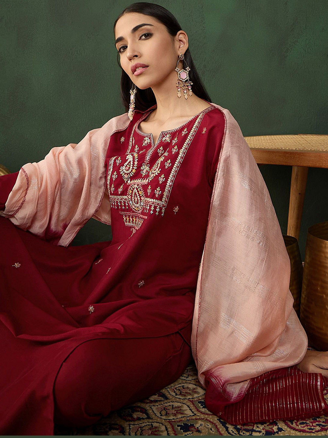 Floral Embroidered Sequinned Kurta with Trousers & Dupatta