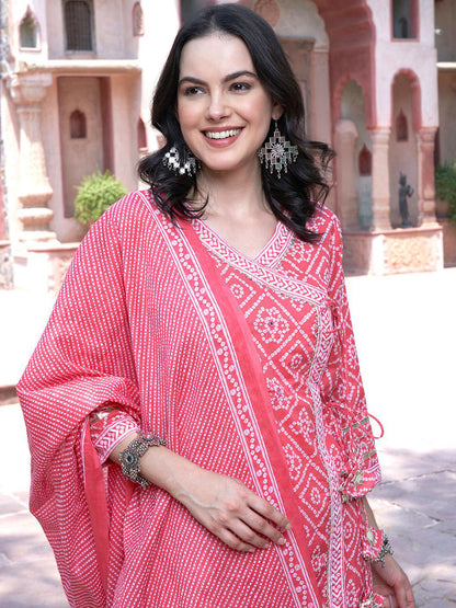 Peach Bandhani Printed V Neck Pure Cotton Angrakha Kurta With Trouser And Dupatta