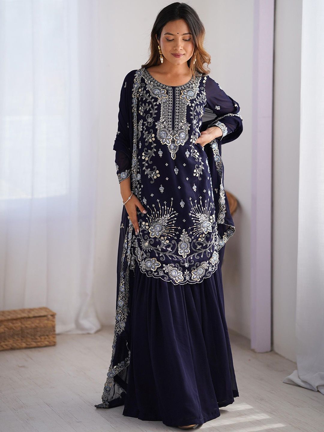 Dhiyona KL Women Ethnic Motifs Embroidered Regular Sequinned Kurta with Sharara & With Dupatta