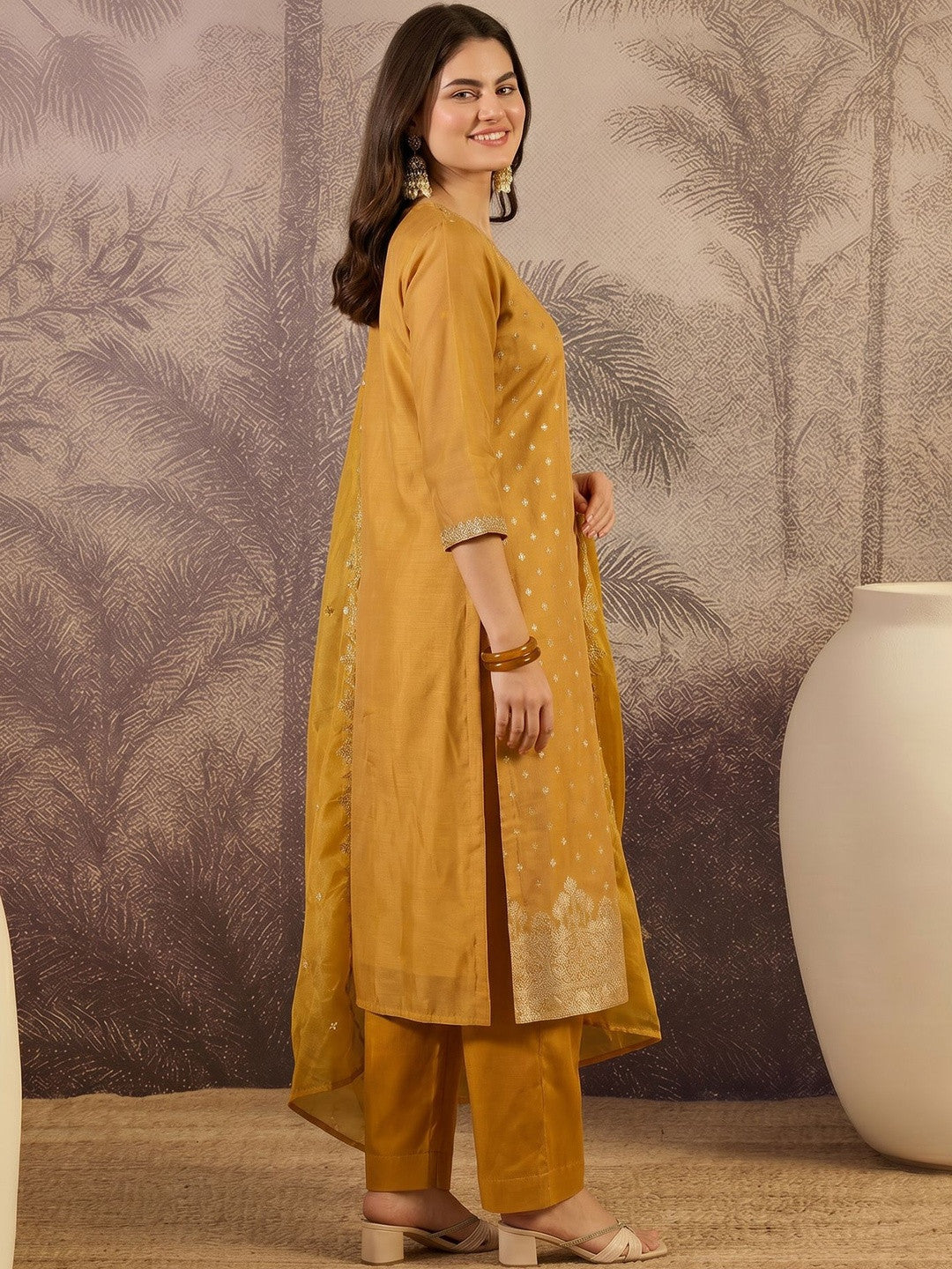 Embroidered Cotton V-Neck Kurta & Trousers With Dupatta