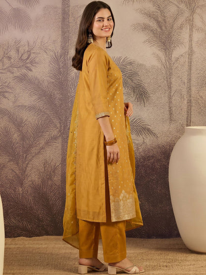 Embroidered Cotton V-Neck Kurta & Trousers With Dupatta