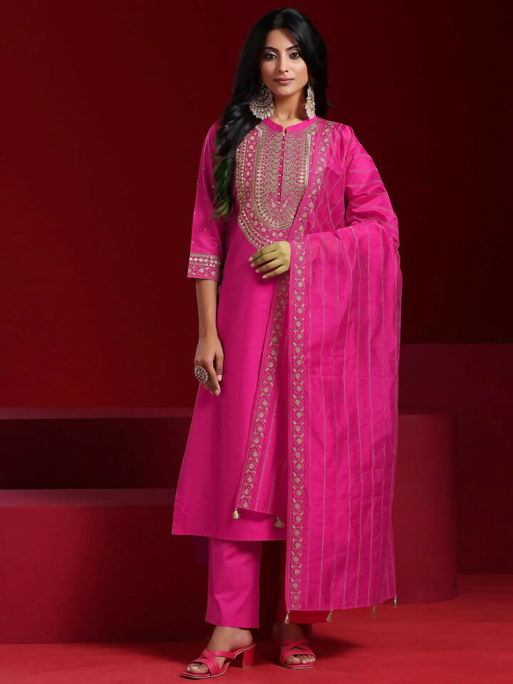 Women's LB Art Pink Yoke Design Chanderi Silk Straight Suit With Dupatta