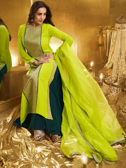 Dhiyona IN Women Geometric Embroidered Kurta with Palazzo & Dupatta