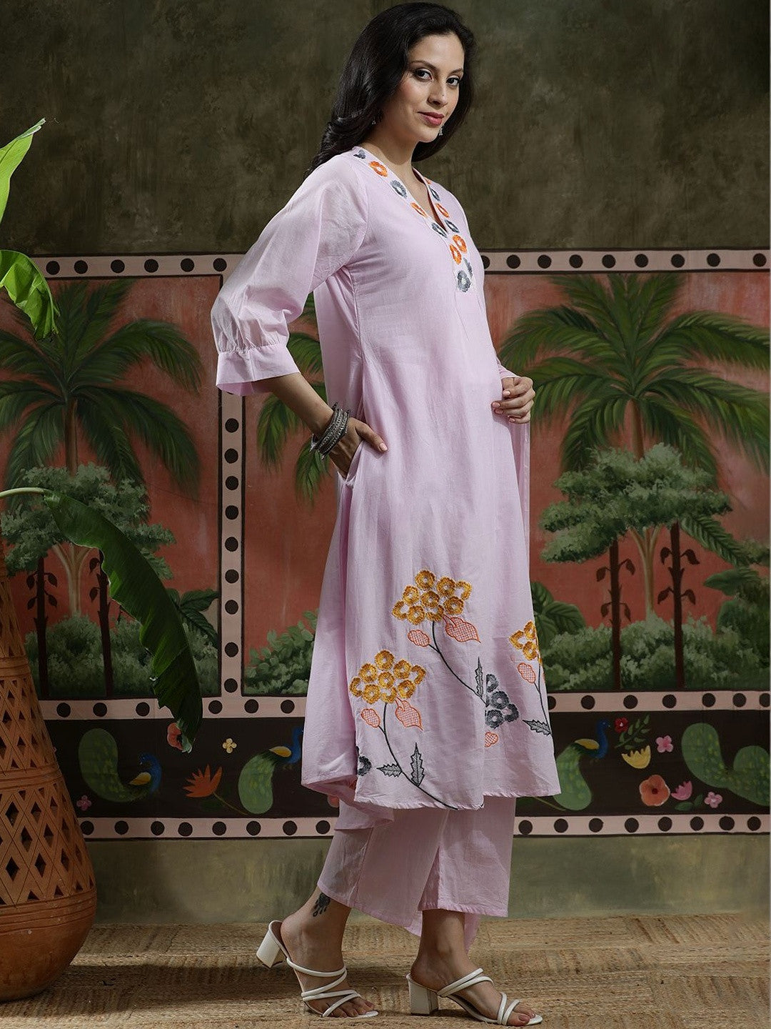 Embroidered Pure Cotton V-Neck Kurta & Trousers Kurta Sets