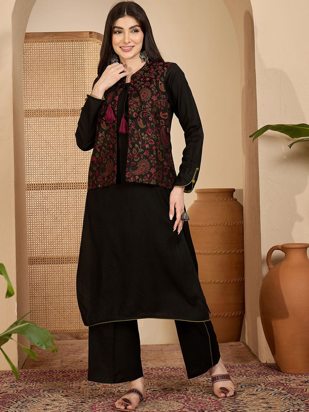 Winter Ethnic three-Piece kurta Set with Tassel-Tie Jacket