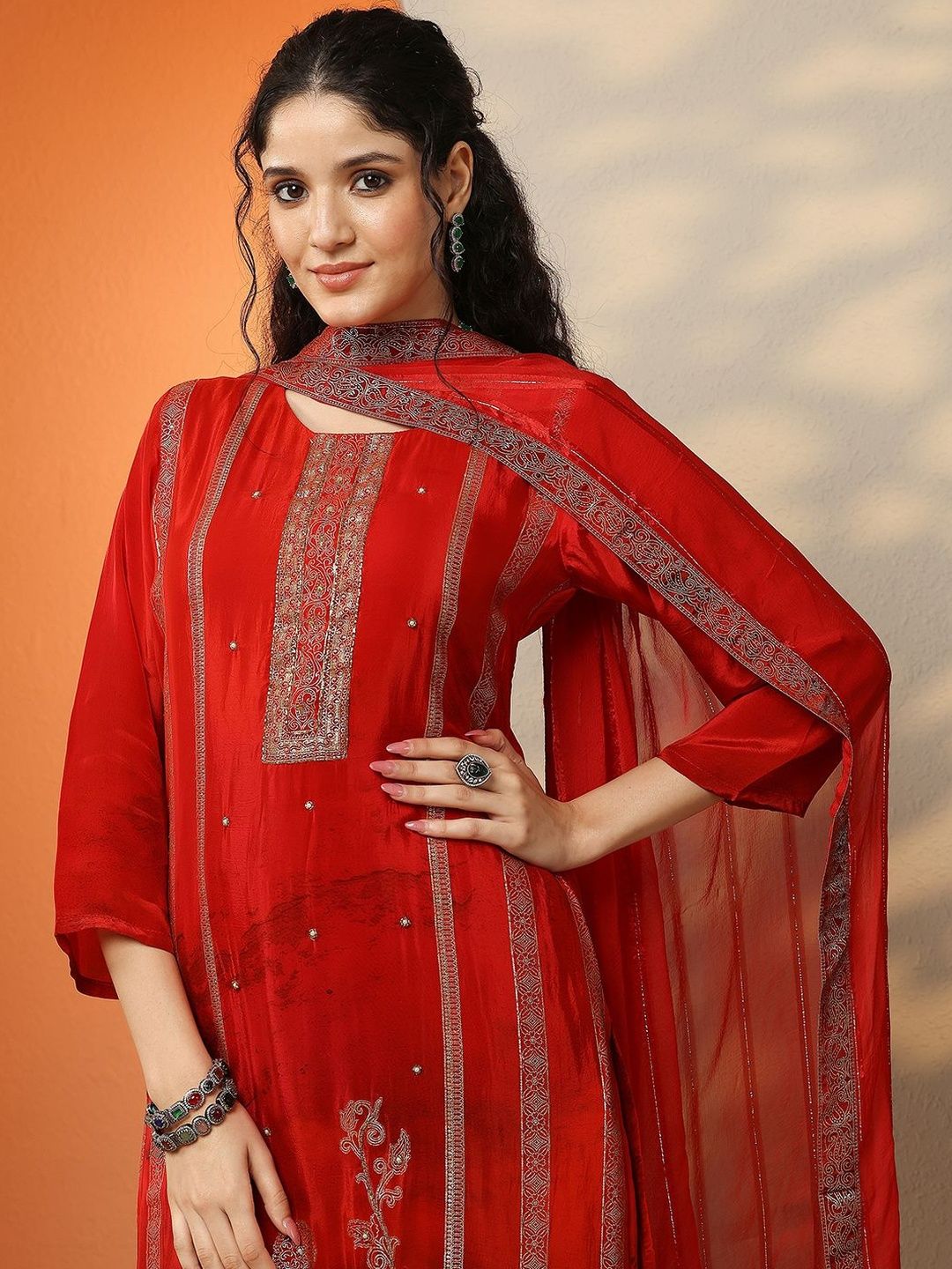 Dhiyona LL Women Ethnic Motifs Embroidered Regular Kurta with Palazzos & With Dupatta