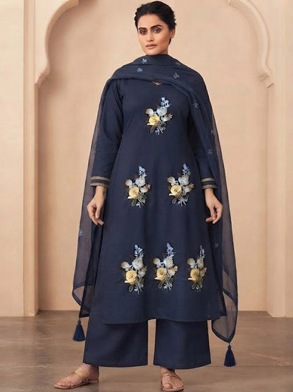 Women Floral Embroidered Regular Thread Work Pure Cotton Kurta with Trousers & With Dupatta