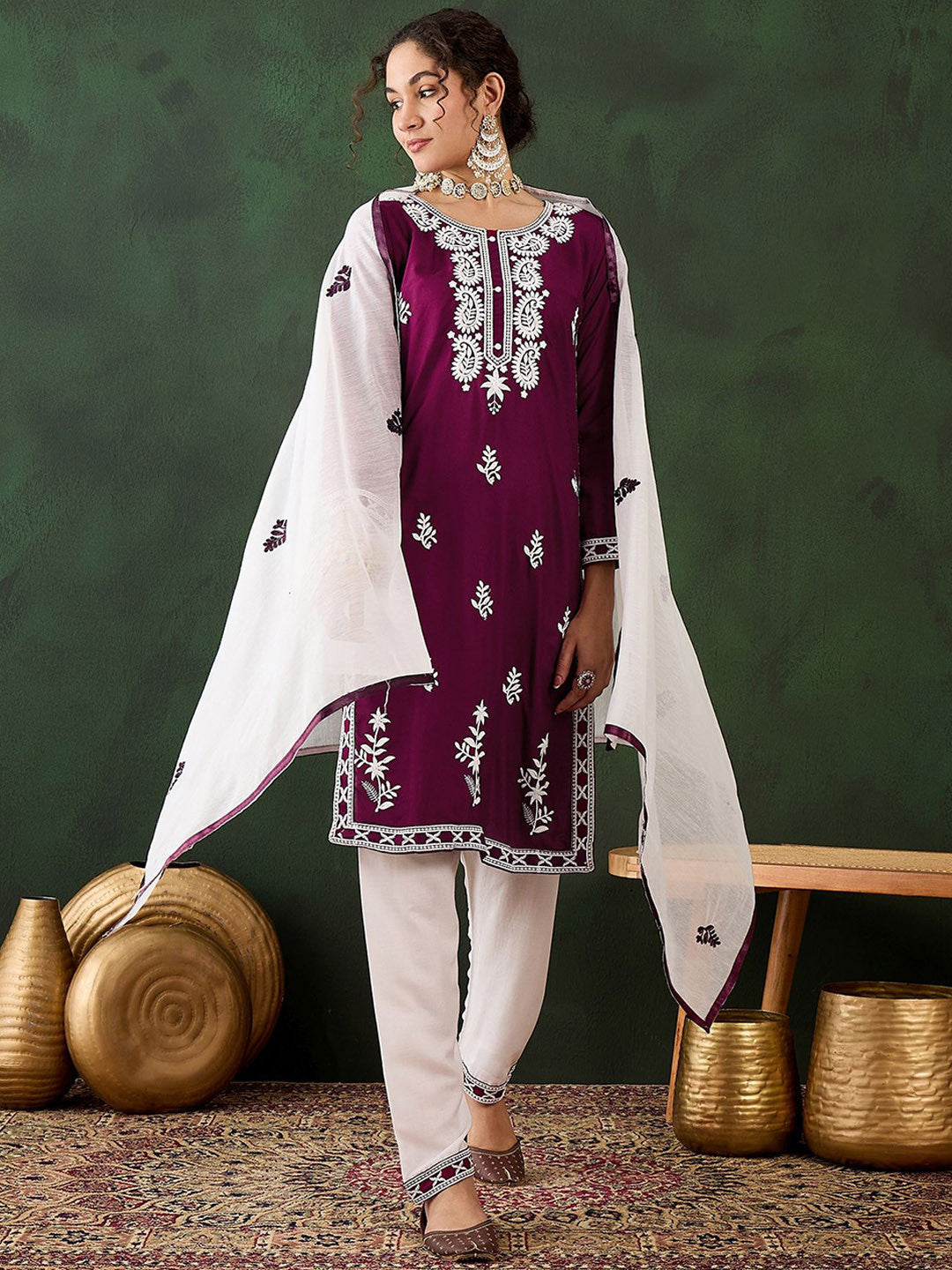 Dhiyona SN Floral Embroidered Thread Work Pure Cotton Kurti with Trousers & Dupatta