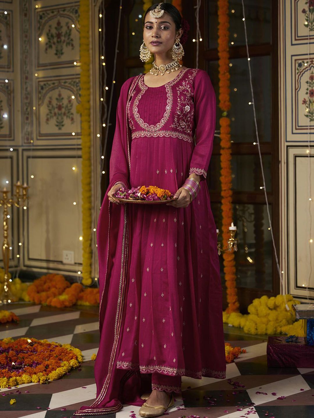 Dhiyona CH Women Ethnic Motifs Embroidered Pleated Sequinned Kurta with Trousers & With Dupatta