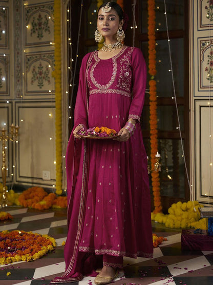 Dhiyona CH Women Ethnic Motifs Embroidered Pleated Sequinned Kurta with Trousers & With Dupatta