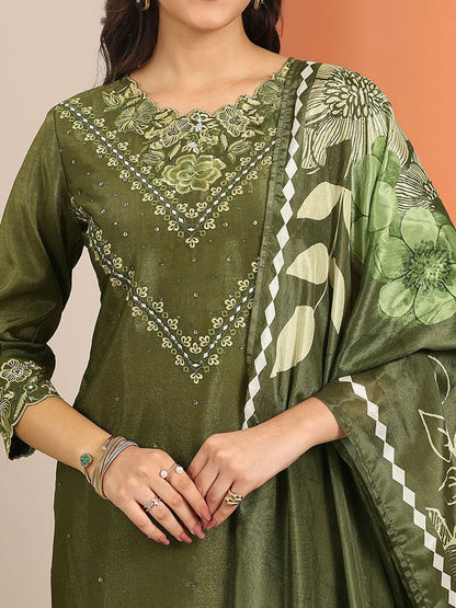 Dhiyona LL Floral Embroidered Round Neck Sequinned Straight Kurta With Palazzos And Dupatta