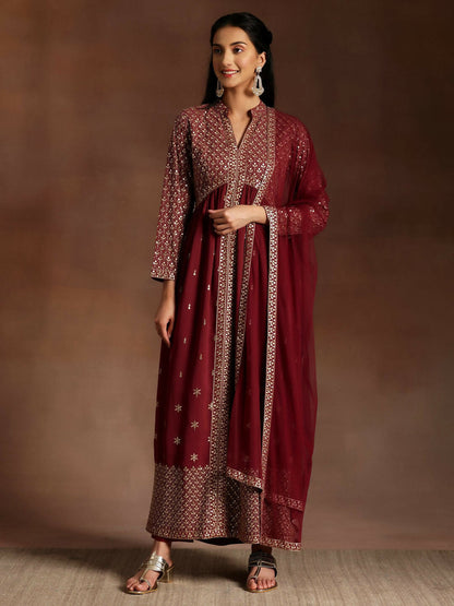 Women's LB Chandni Mauve Embroidered Georgette A-Line Kurta With Trousers & Dupatta