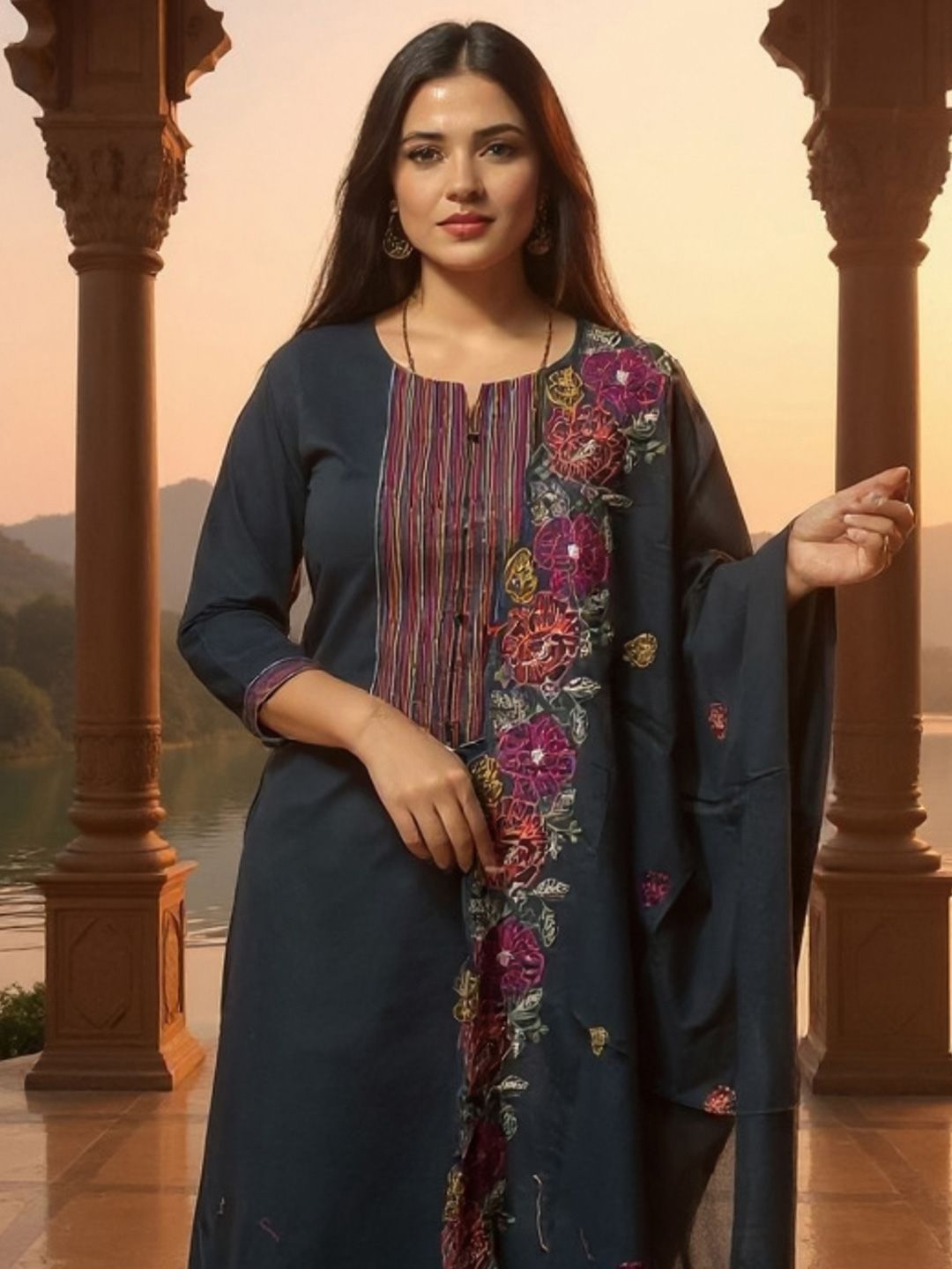 Dhiyona IE Floral Embroidered Thread Work Pure Cotton Kurta With Trousers & Dupatta