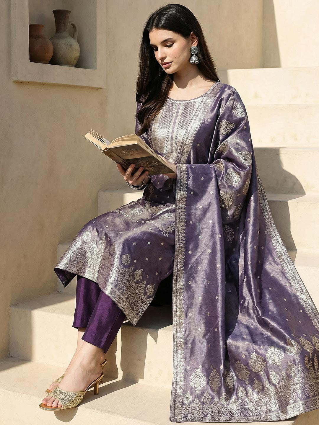 Women Ethnic Motifs Regular Kurta with Trousers & With Dupatta