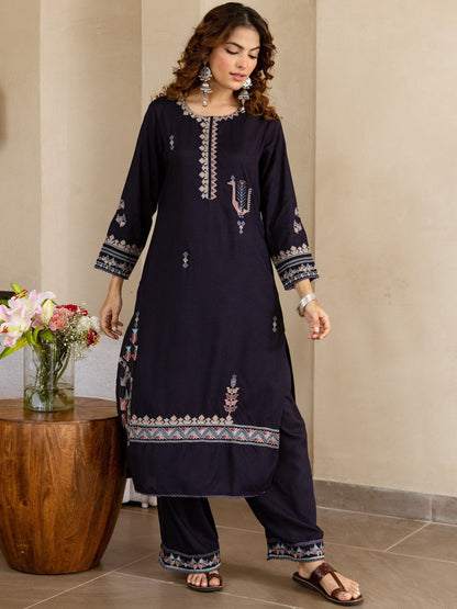 Ethnic Motifs Embroidered Round Neck Thread Work Straight Kurta With Palazzos
