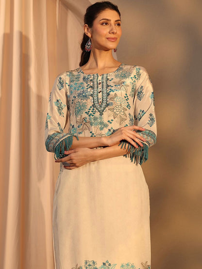 Off White Floral Printed Crepe Straight Suit Set With Dupatta