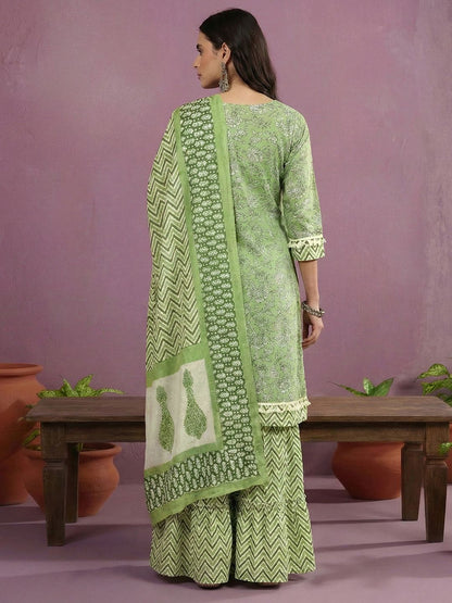 Dhiyona CH Women Printed Regular Pure Cotton Kurta with Sharara & With Dupatta