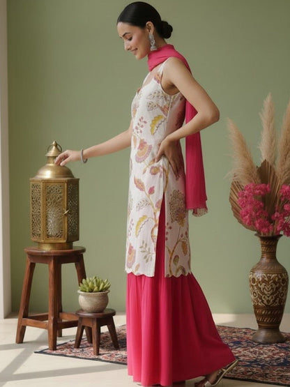 Printed Pure Cotton Sweetheart Neck Kurta & Sharara With Dupatta