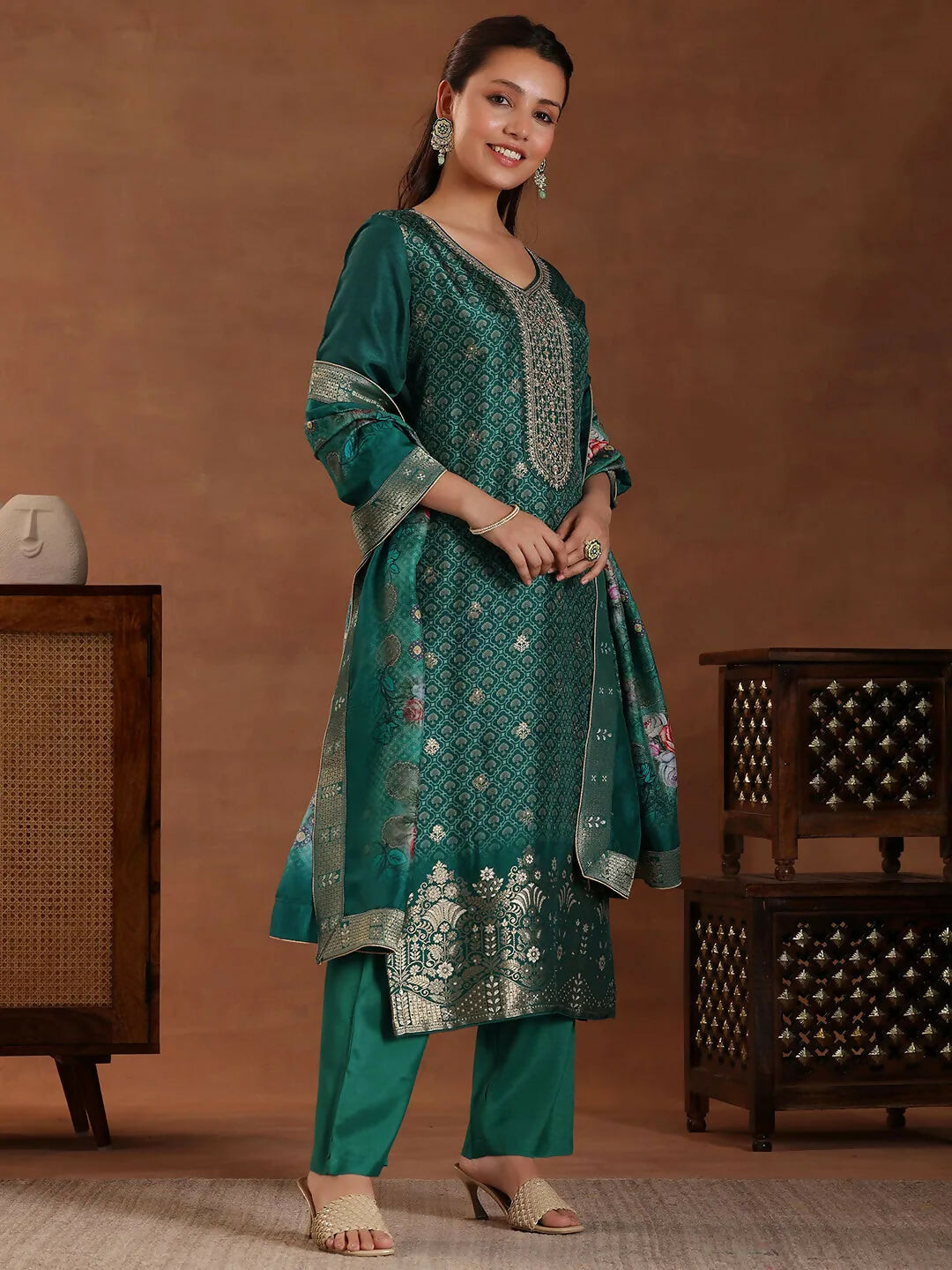 Women's LB Teal Printed Silk Blend Straight Suit With Dupatta