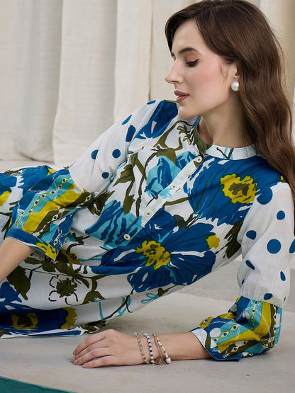 Dhiyona IE Floral Printed Pure Cotton Mandarin Collar Tunic With Trousers