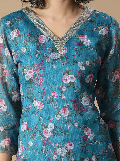Floral Printed V Neck Straight Kurta With Palazzo