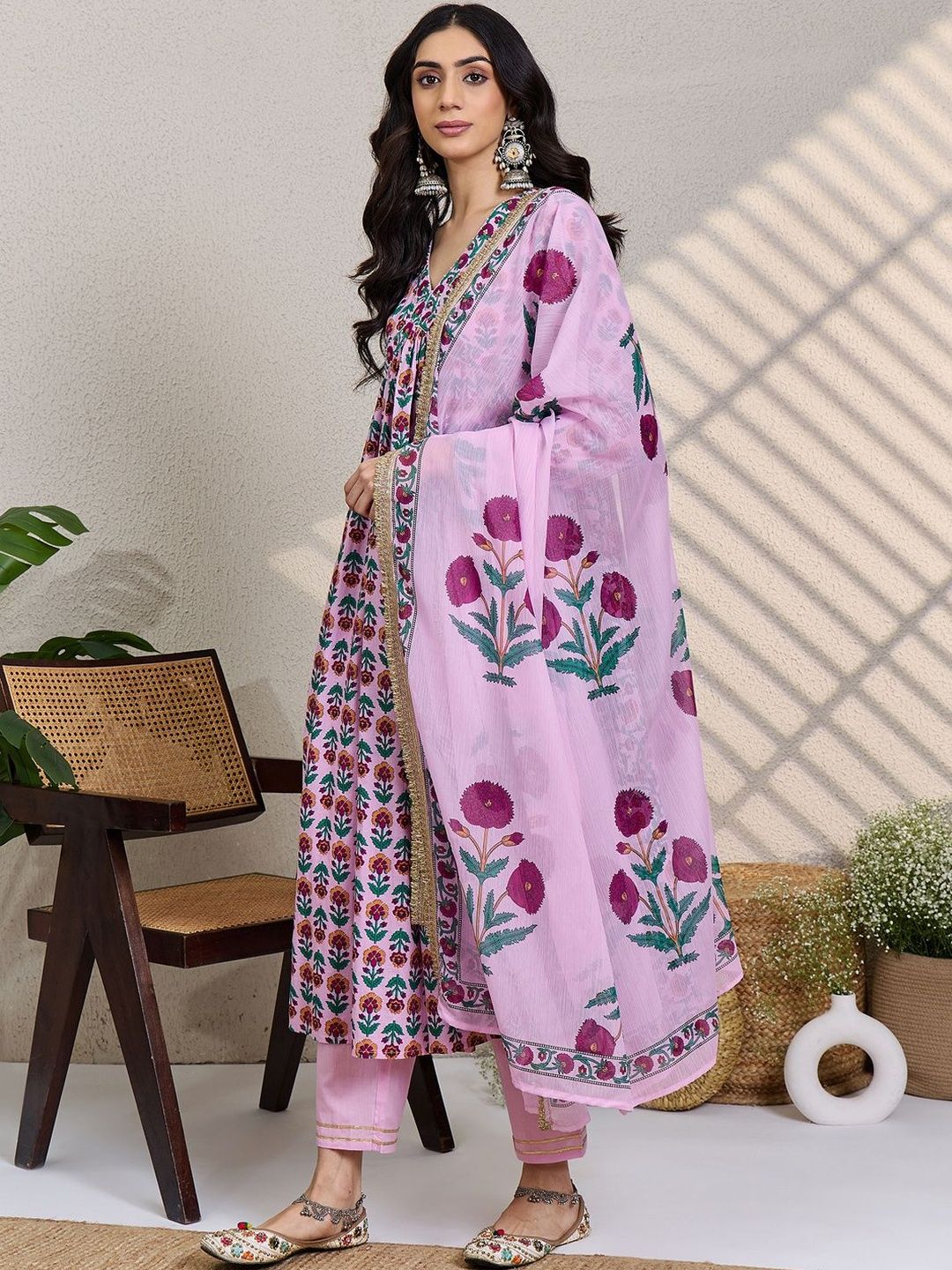 Women Floral Printed Empire Pure Cotton Kurta with Trousers & With Dupatta