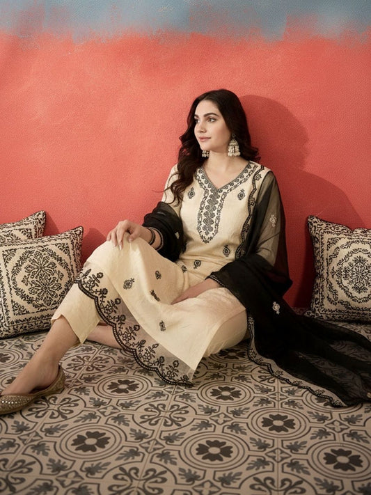 Dhiyona CH Women Ethnic Motifs Embroidered Regular Thread Work Kurta with Trousers & With Dupatta