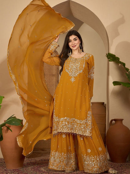 Dhiyona SN Women Ethnic Motifs Embroidered Regular Kurta with Sharara & With Dupatta