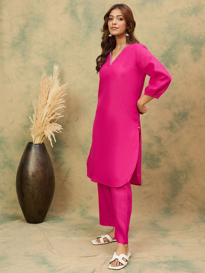 Fuchsia Women Solid Kurta with Trousers