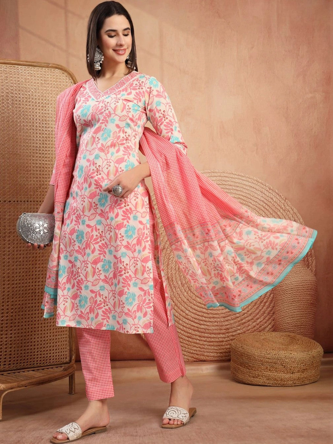 Women Floral Printed Regular Pure Cotton Kurta with Trousers & With Dupatta
