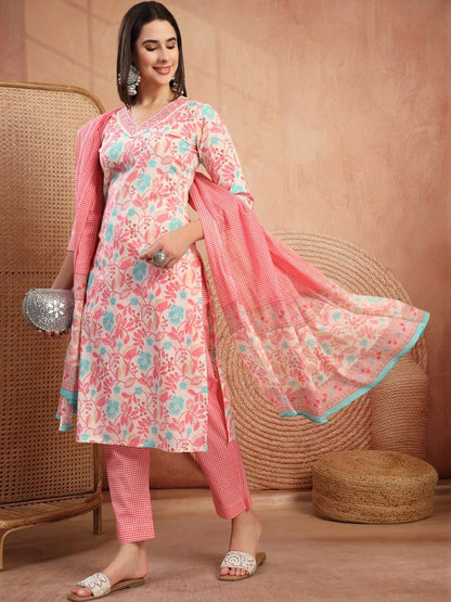 Women Floral Printed Regular Pure Cotton Kurta with Trousers & With Dupatta
