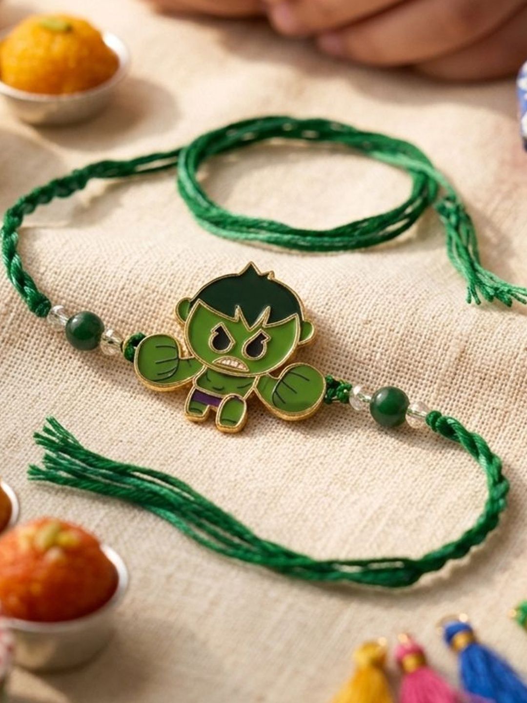 Dhiyona Kids Hulk Character Artificial Beads Thread Rakhi With Roli Chawal Chandan Mishri