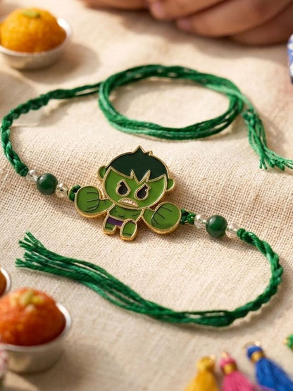 Dhiyona Kids Hulk Character Artificial Beads Thread Rakhi With Roli Chawal Chandan Mishri