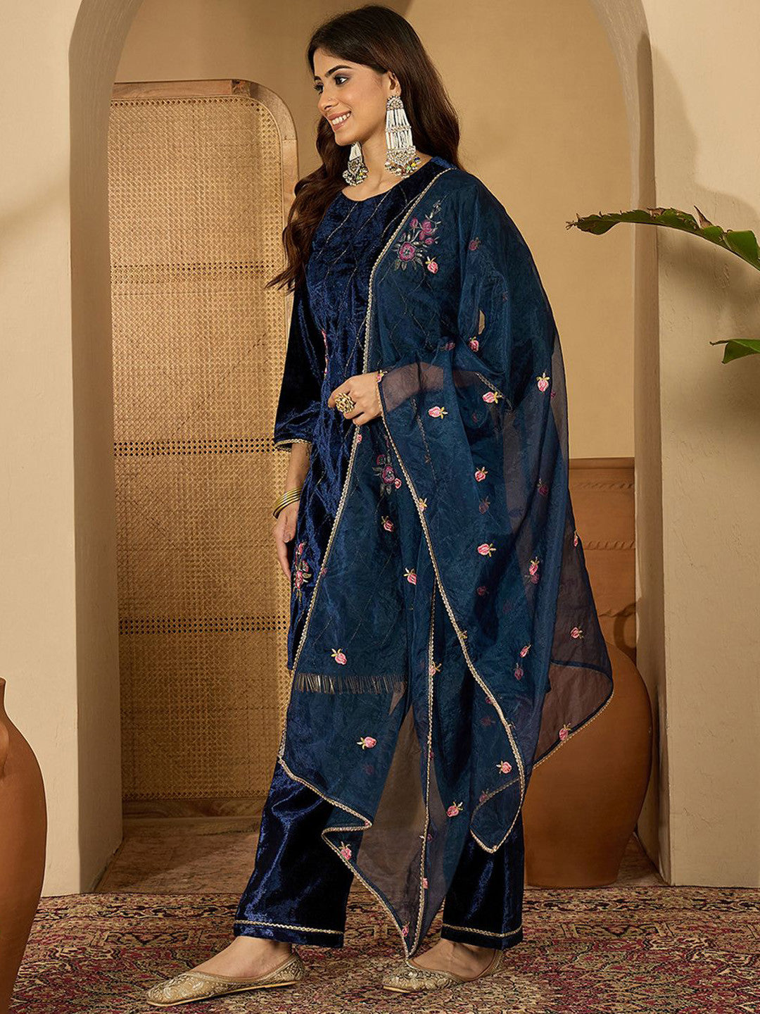 Zari Sequence Thread Embroidered Velvet Straight Kurta & Trousers With Dupatta