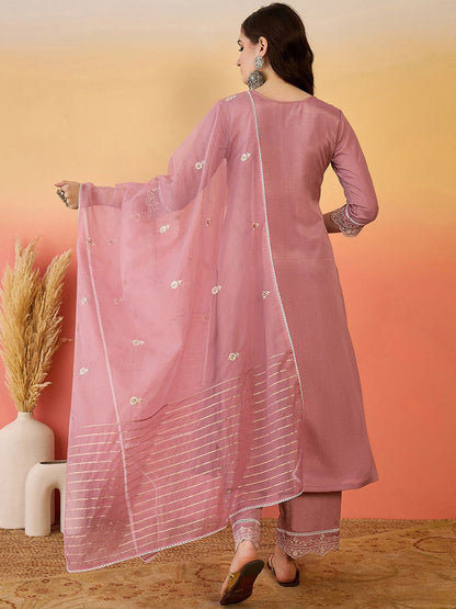 Ethnic Motifs Embroidered Poly Chiffon A-Line Kurta With Trousers And Dupatta