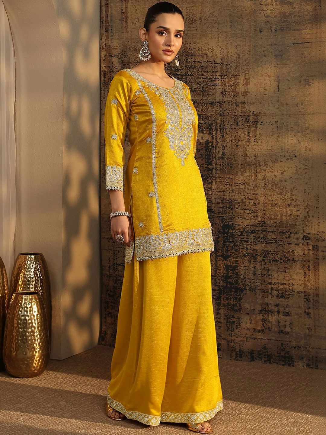 Dhiyona LL Women Ethnic Motifs Embroidered Regular Thread Work Kurta with Palazzos & With Dupatta