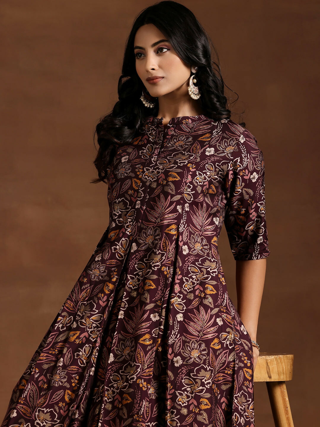 Women's LB Wine Printed Silk Blend A-line Kurta With Salwar