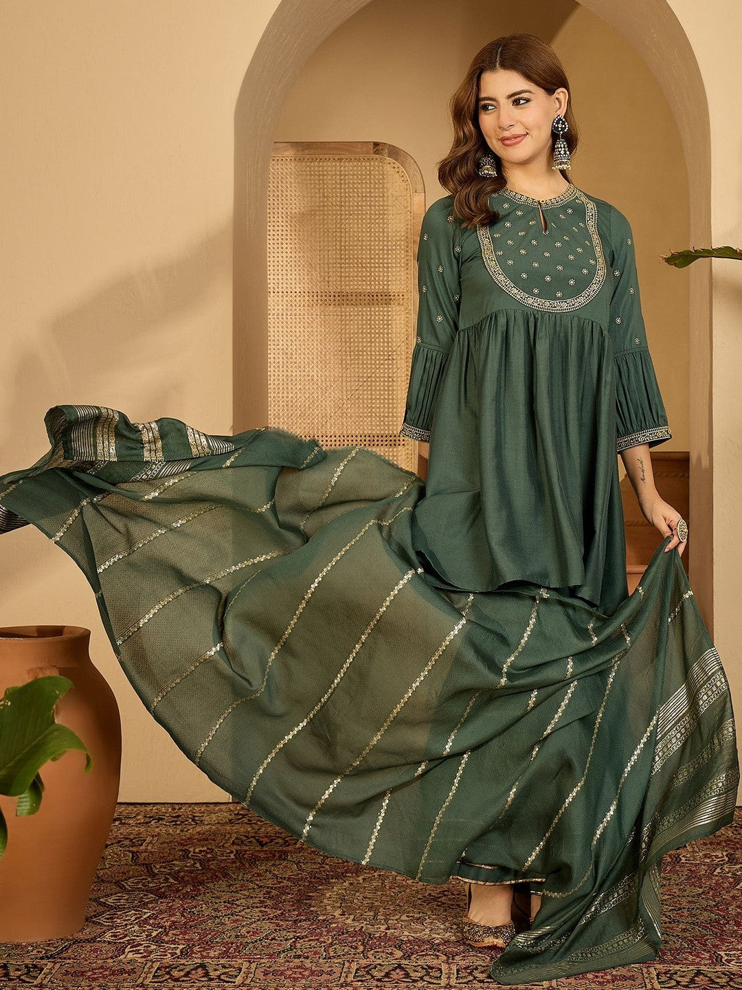 Embroidered Round Neck Kurta Sets With Dupatta