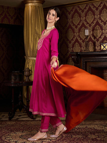Dhiyona CH Women Floral Embroidered Pleated Sequinned Kurta With Trousers & Dupatta Kurta Sets