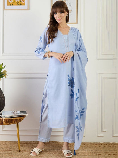 Women Floral Printed Regular Linen Kurta with Trousers & With Dupatta